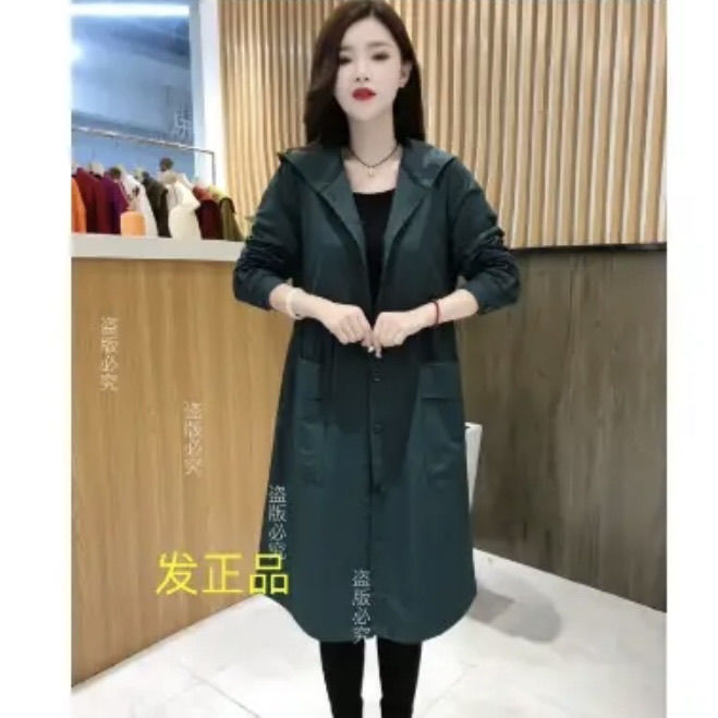 秋季年轻妈妈时尚风衣外套新款连帽纯色韩版口袋中长款洋气宽松女|undefined