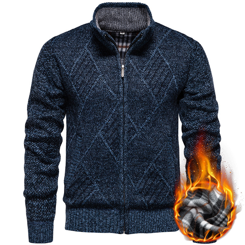 Cross-border Foreign Trade Autumn and Winter New Men's Fashion Trend Casual Collar Sweater Coat fleece-lined Jacket Knitted Sweater
