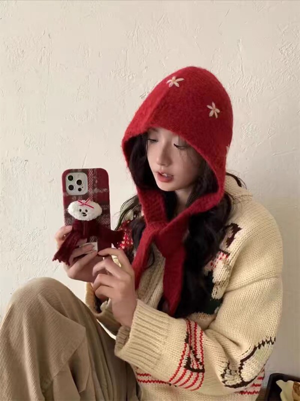 巴拉克拉法帽红色包头帽保暖防风护耳帽子围巾一体小花针织毛线帽|undefined