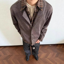 秋季新款日系复古做旧长袖假两件格子衬衫男女款休闲百搭上衣潮牌