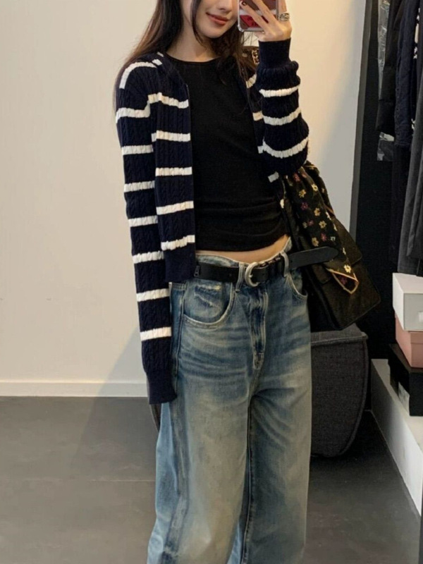 藏青色条纹连帽麻花针织开衫外套女韩系氛围感早秋季穿搭毛衣上衣|undefined