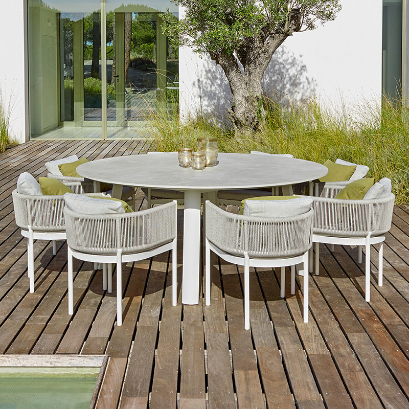 Mesas y sillas para exteriores, balcón con patio, protección solar y muebles de ratán impermeables para ocio, conjunto de mesa larga para terraza de jardín al aire libre image 4