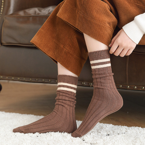 秋冬新品袜子 女 日系纯色双针两条杠兔绒堆堆袜 竖条抗起球女袜