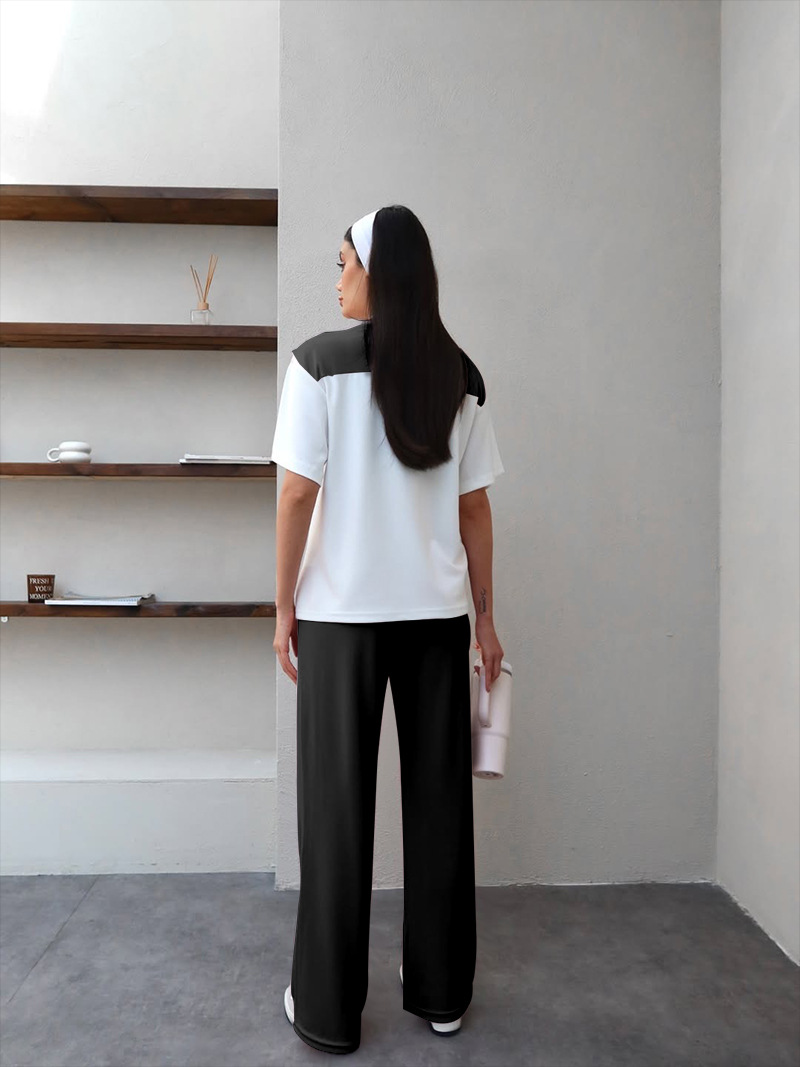 Women's Clothing Women's Faux Wrap Short Sleeve Top And Straight Leg Pants Set Patchwork White Round Neck Summer Fashion Casual Outfit_ecoleips.com