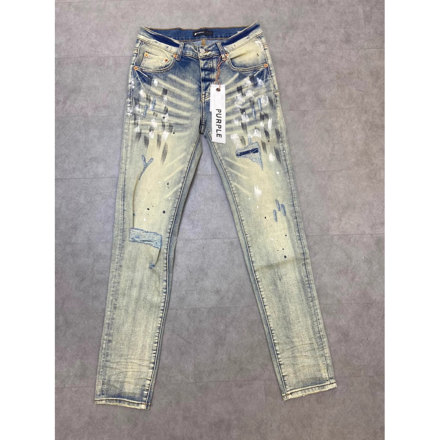 Purple Brand Jeans Slim Distressed Paint Splatter Blue