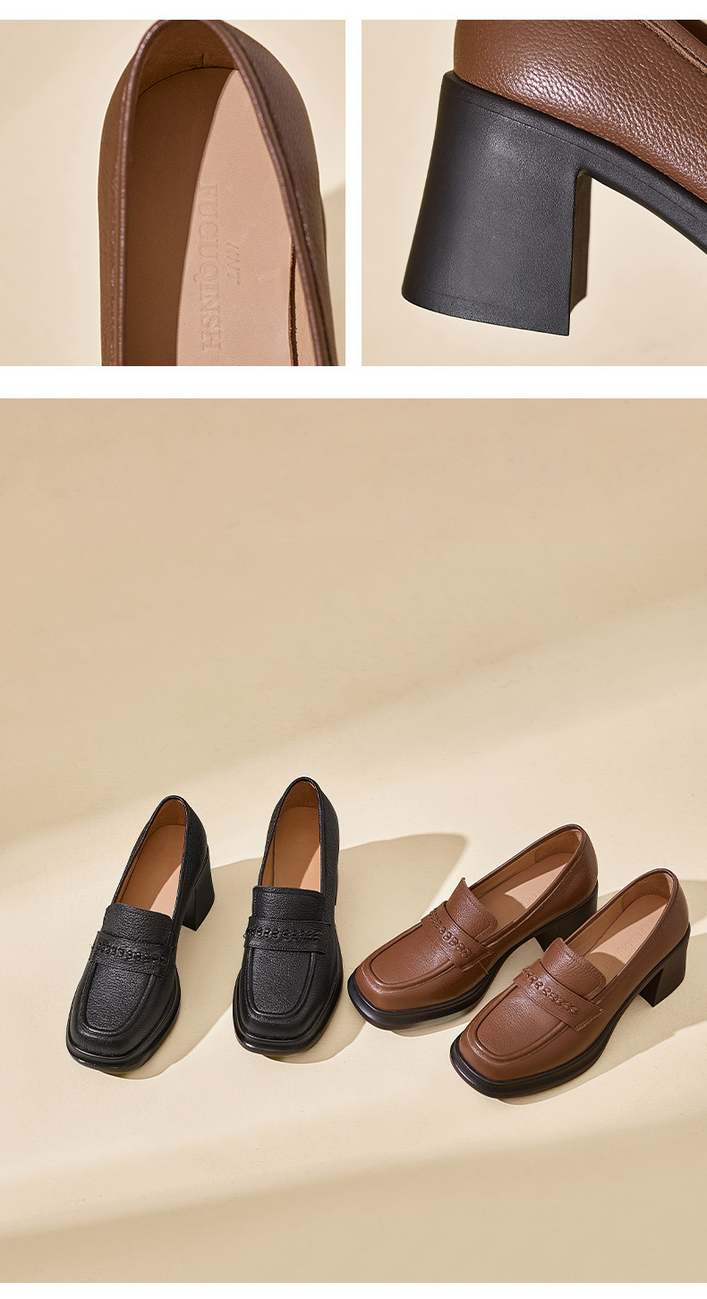 Giày loafer nữ da dê đế dày gót vuông 7,5 cm cổ sâu — màu nâu chi tiết 8