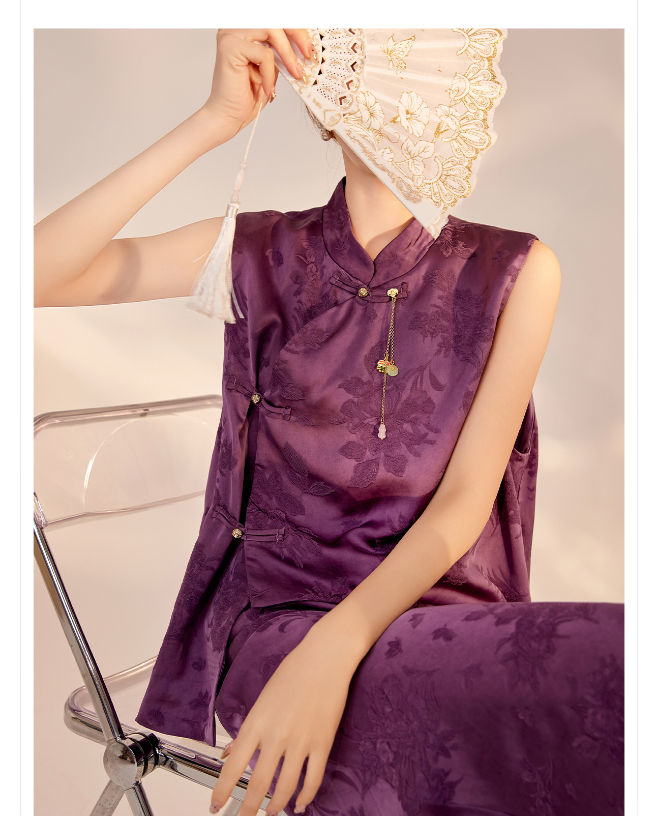 Bộ áo vest và váy in họa tiết tím phong cách Tân Trung Quốc đầu thu nữ M7085 — Váy nửa, Áo gilê chi tiết 4