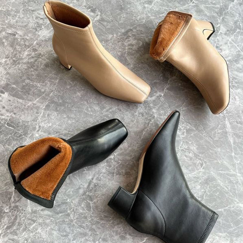 莞产高货瘦瘦短靴方头粗跟后拉链羊皮软底舒适冬季加丝光绒马丁靴