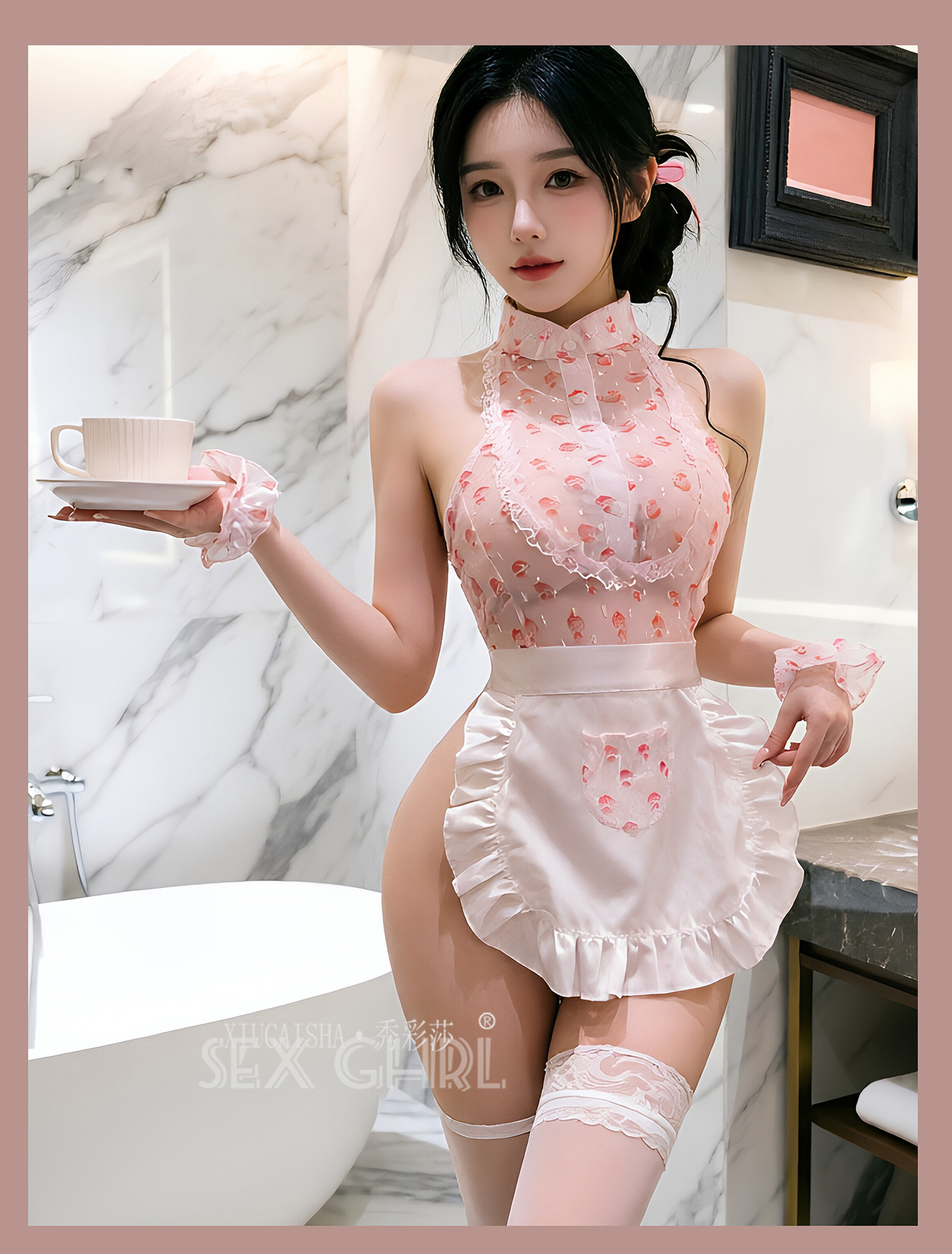 Maid Roleplay Lingerie Set with Chiffon Dress, Wrist Cuffs, Thong and Open-Crotch Stockings — detail image 5