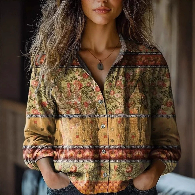 2025 трансграничные европейские и американские экспортные женские весенне-летние новые повседневные рубашки с длинными рукавами и принтом в стиле ретро, ​​рубашки из искусственного хлопка и льна
