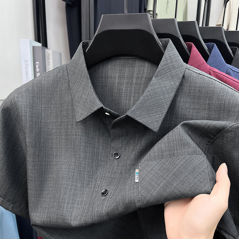 Men's Short-Sleeve Shirt, Summer New Style, Breathable Casual Dark Stripe Fashion Versatile Shirt with Real Pockets, Popular Top