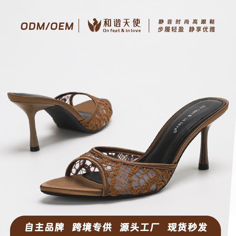 Cross-Border Elegant Versatile High-Heeled Sandals Summer Fashion Embroidered Floral Mesh Stiletto Open-Toe Sandals Custom Logo