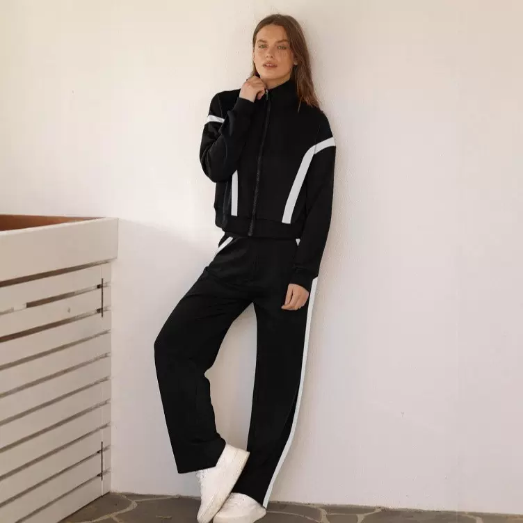 欧美跨境亚马逊2025新款女士休闲套装运动服两件套开衫上衣阔腿裤