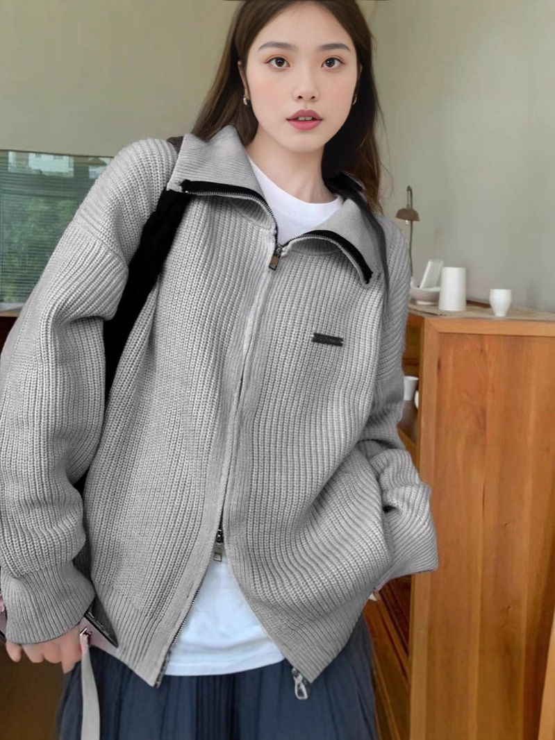 Double-Ended Zipper Knitted Cardigan for Women 2025 New Autumn and Winter Women's Loose Lazy Style Lapel Sweater Women's Jacket