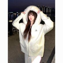 韩版温柔学院毛领连帽针织开衫春夏新款宽松慵懒拉链休闲毛衣外套