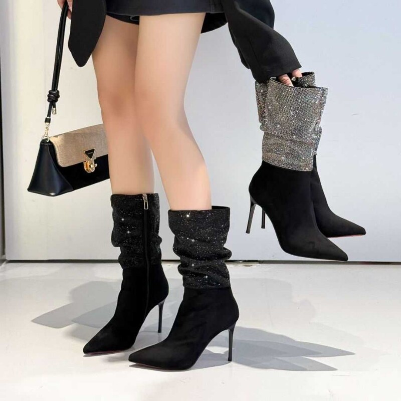 Fashion Boots for Women, High Heels, New Winter Style, Versatile, Fleece-Lined, Slim Boots, Waterproof Platform, Pointed Toe, Chunky Heel, Rhinestone Short Boots