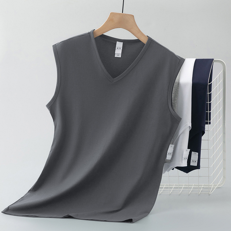 モーダルコットンベストメンズ夏フィットネススポーツベストアイスシルククール速乾抗菌防ダニVネックノースリーブTシャツ