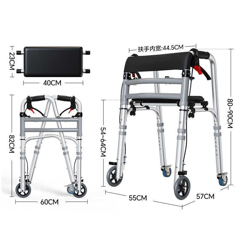 Muletas de aleación de aluminio para personas mayores, andador plegable de rehabilitación para mujeres embarazadas, con ruedas, cojín de asiento y freno.