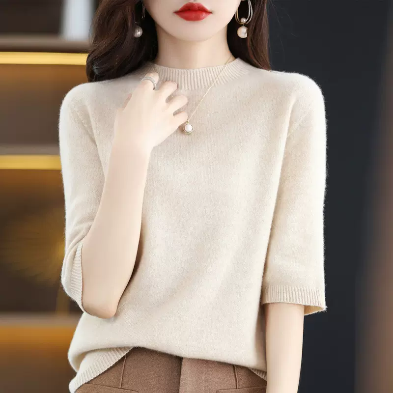 春夏5分袖羊毛女半高短袖纯色羊绒针织打底宽松显瘦内搭毛衣上衣