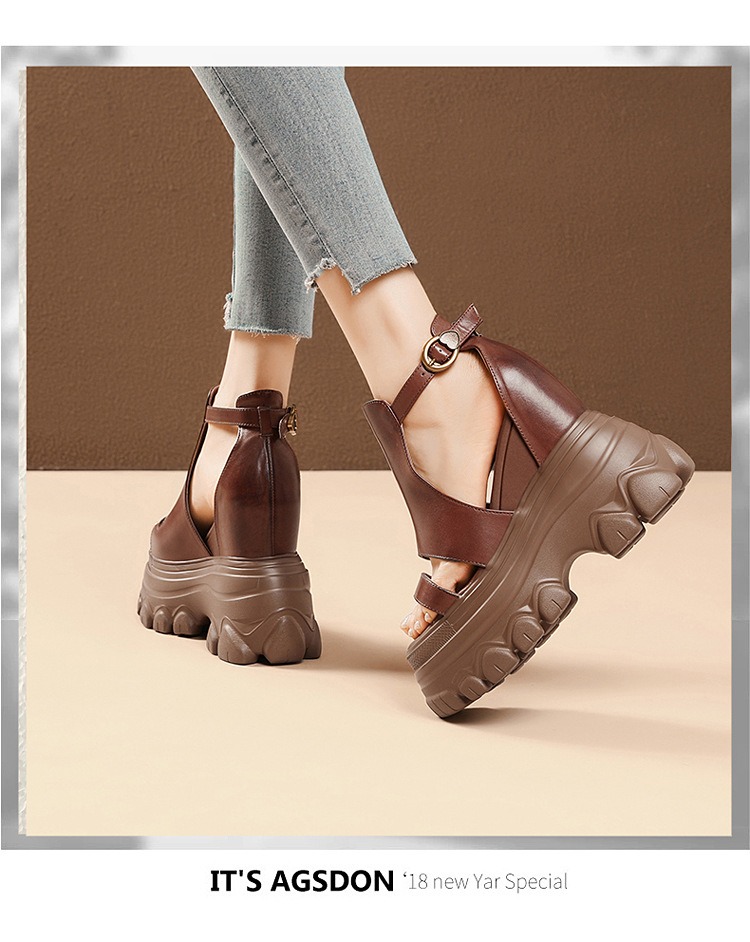 Giày sandal cao gót nữ hở mũi phong cách La Mã, đế xuồng cao 14 cm, da thật, gót vuông, quai mảnh — màu nâu, màu đen chi tiết 11
