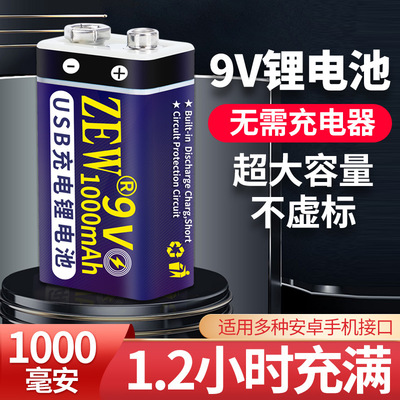 9V电池9伏充电电池6f22探测器报警器电吉他USB充电测温仪电池ZEW