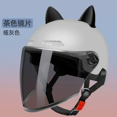 Helmet, Electric Vehicle Helmet for Women, Motosiklet kaskı (dəbilqə) - gray-brown-long-mirror-black-cat-ears