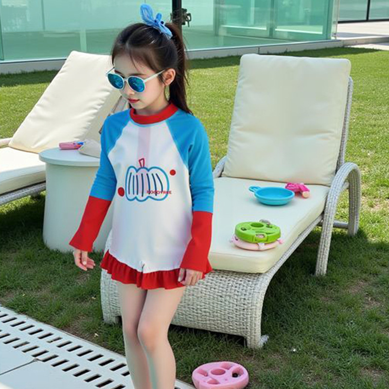 여름 새로운 한국 스타일 유행 어린이 원피스 수영복 패션 캐주얼 귀여운 ins 스타일 아기 소녀 긴팔 원피스 수영복