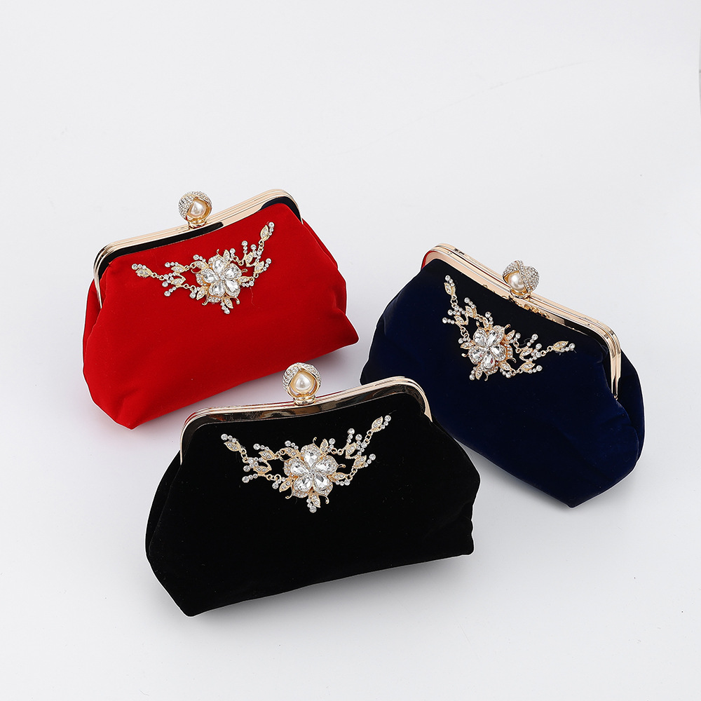 472g Weight Polyester Lining Material New Retro Pearl Cat Eye Decorated Rhinestone Velvet Banquet Bag Hanfu Cheongsam Bag Clutch Shoulder Crossbody Chain Bag