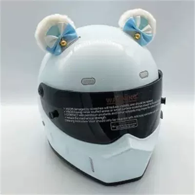 Helmet Decoration with: Motosiklet dəbilqələri - white-with-blue-oval-bear-ears