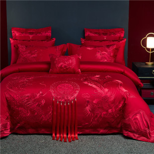 Light Luxury 140 Double-stranded Long-staple Cotton Satin Wedding Four-piece Set High-fixed Australian Cotton Jacquard Chinese Double Happiness Six-piece Set