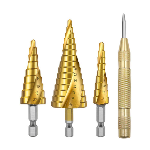 Hexagonal handle spiral pagoda drill bit set positioning punch center punch tool wholesale titanium plated reaming step drill bit
