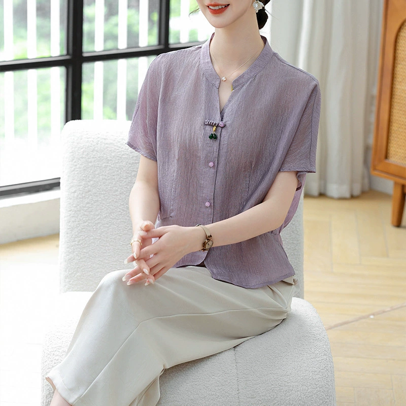 2025 Мамин новый летний стиль, модная и универсальная однотонная ацетатная рубашка с короткими рукавами, модный топ для похудения талии