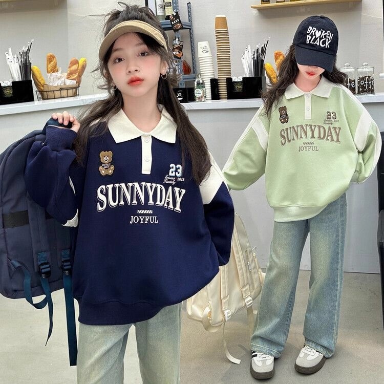 女孩秋季POLO领上衣潮中大童拼色运动风春季新款翻领洋气时尚卫衣|undefined