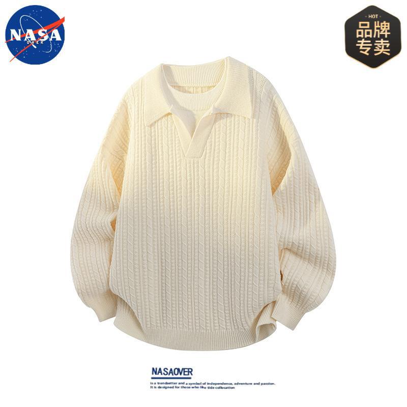 NASA品牌秋冬季高级感假两件长袖POLO毛衣男士休闲宽松纯色针织衫|undefined