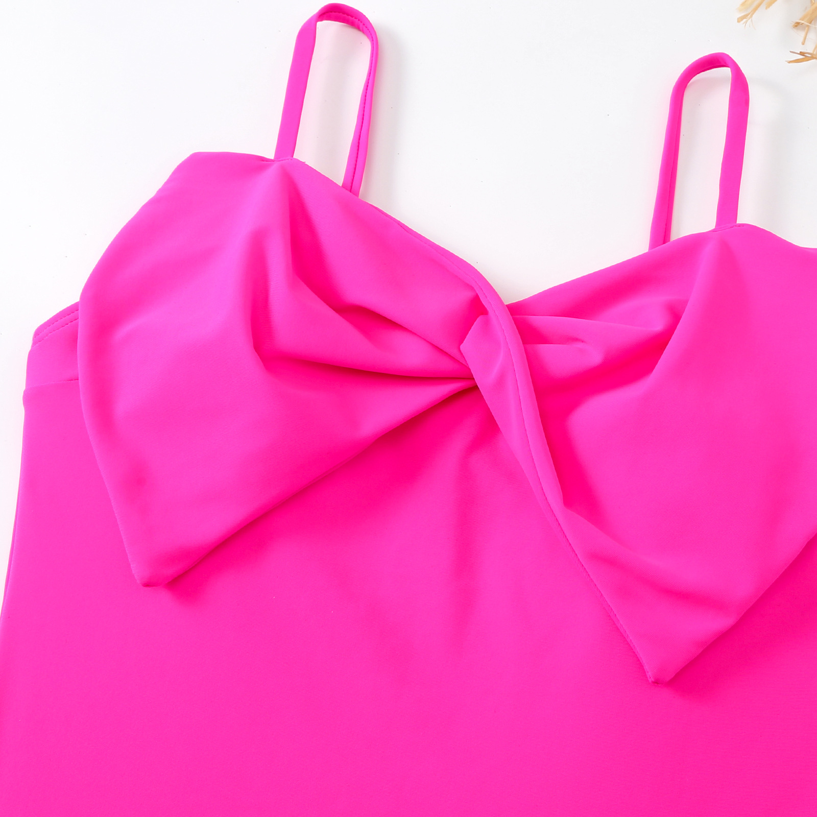 Hot pink swimsuit and chiffon skirt set from multiple angles