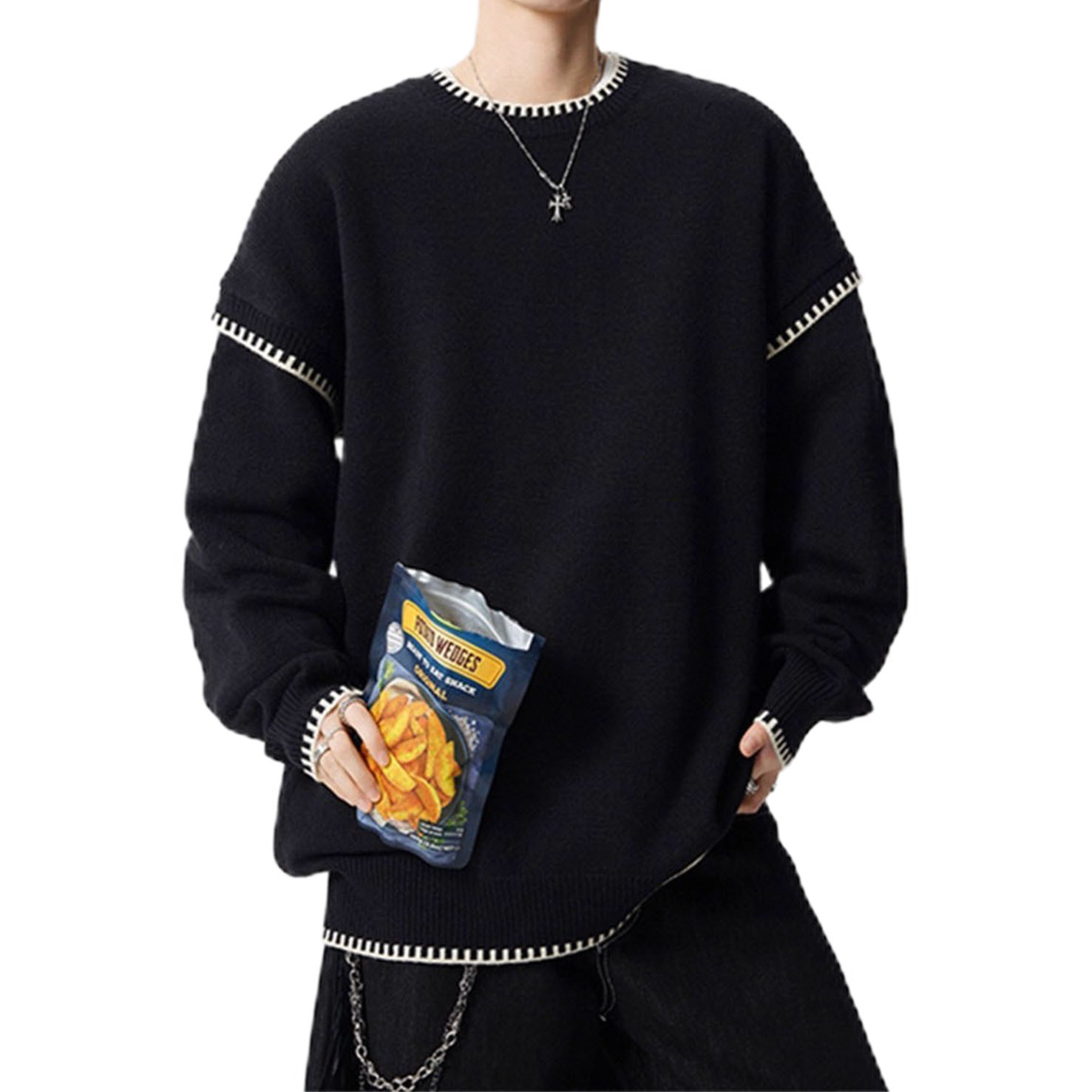 Explosiones transfronterizas de tamaño europeo de tamaño grande falso dos piezas negras bordes de color contrastantes camisetas de cuello redondo suéter hombre otoño invierno fábrica al por mayor