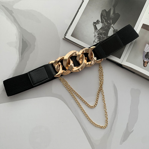 Elastic elastic belt, trendy metal chain decorative girdle with coat and dress, retro outer belt