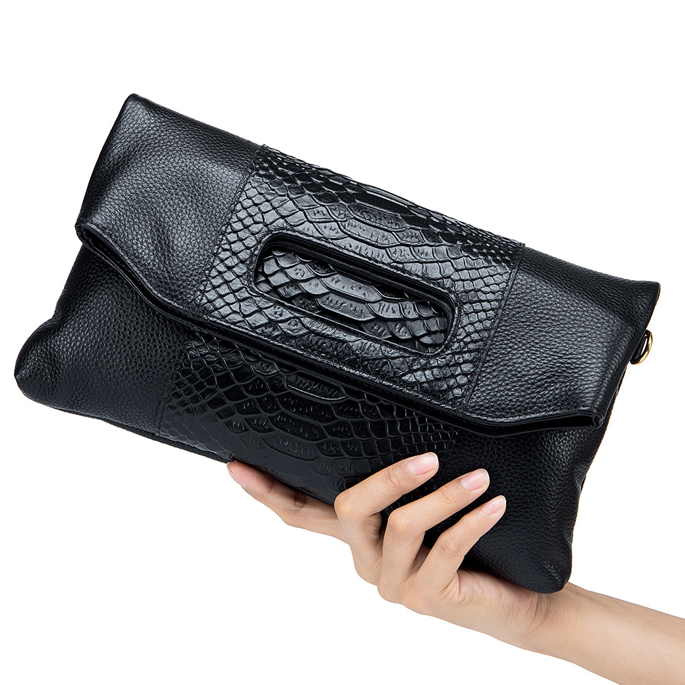 New Luxury Folding Envelope Clutch Bag For Women Genuine Leather Versatile Cowhide Party Evening Bag Crocodile Embossed - Thumbnail 5