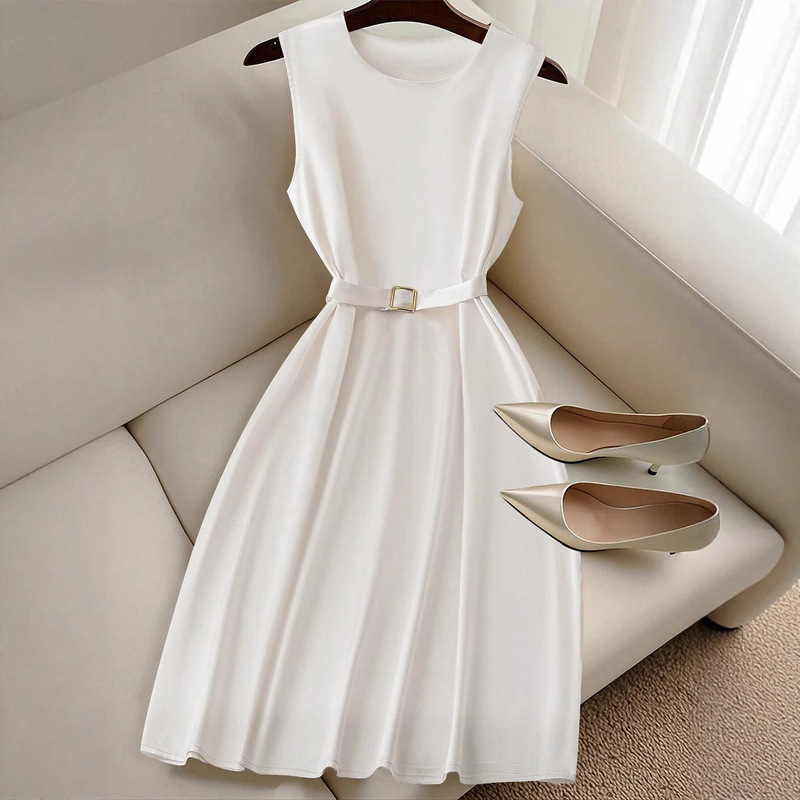 Amazon Cross-Border Women's Summer New White Sleeveless Dress White Belt Temperament Slim and Elegant Style