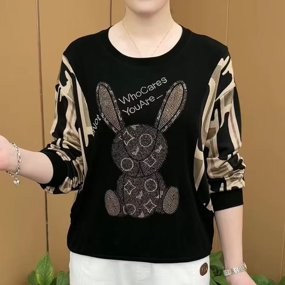 2025秋季洋气妈妈装圆领烫钻上衣女新款时尚遮肚大码减龄打底衫潮