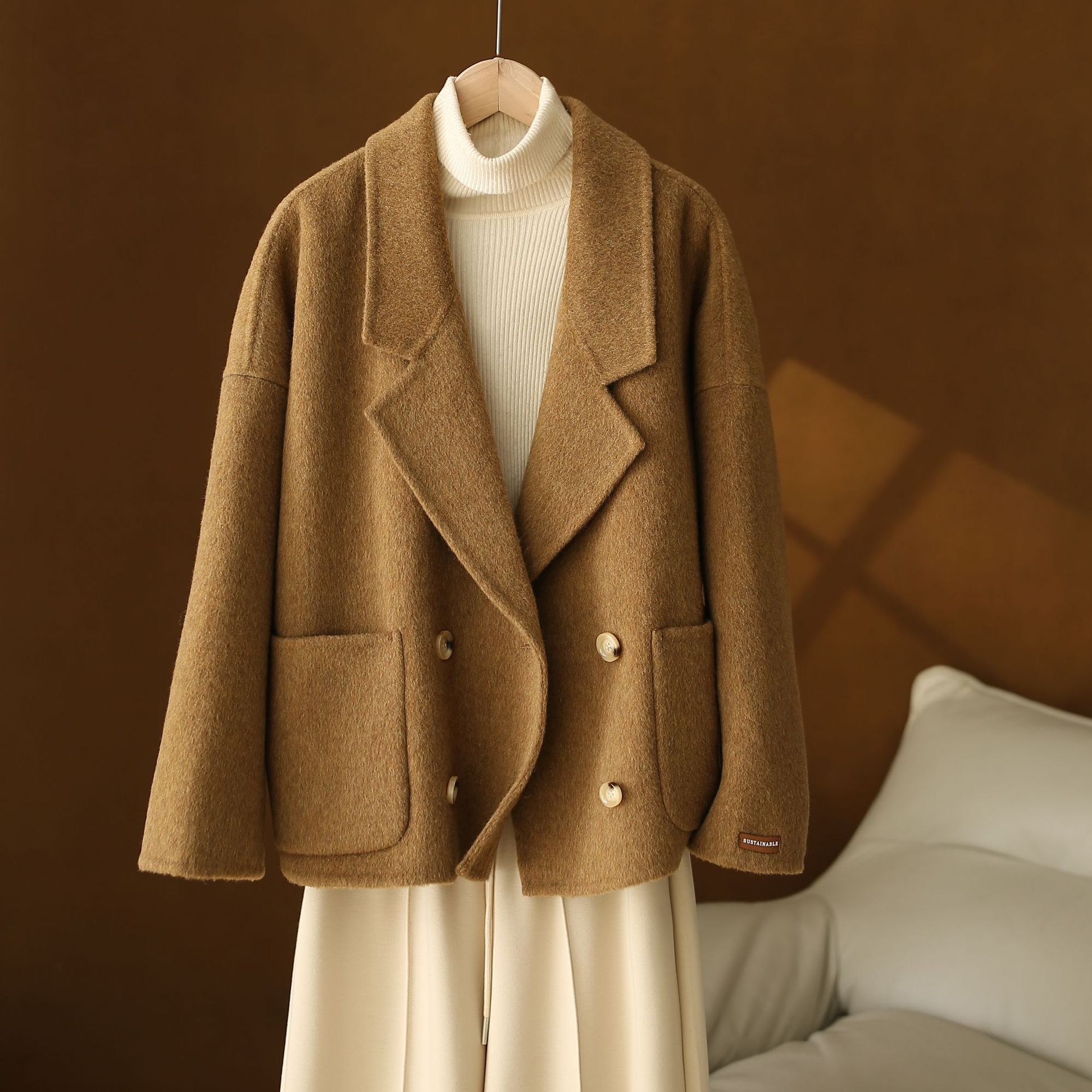 Carefully Selected High-End Quicksand Gold Double-Sided Cashmere Coat, Short Korean-Style Blazer, Loose Woolen Jacket for Petite Women