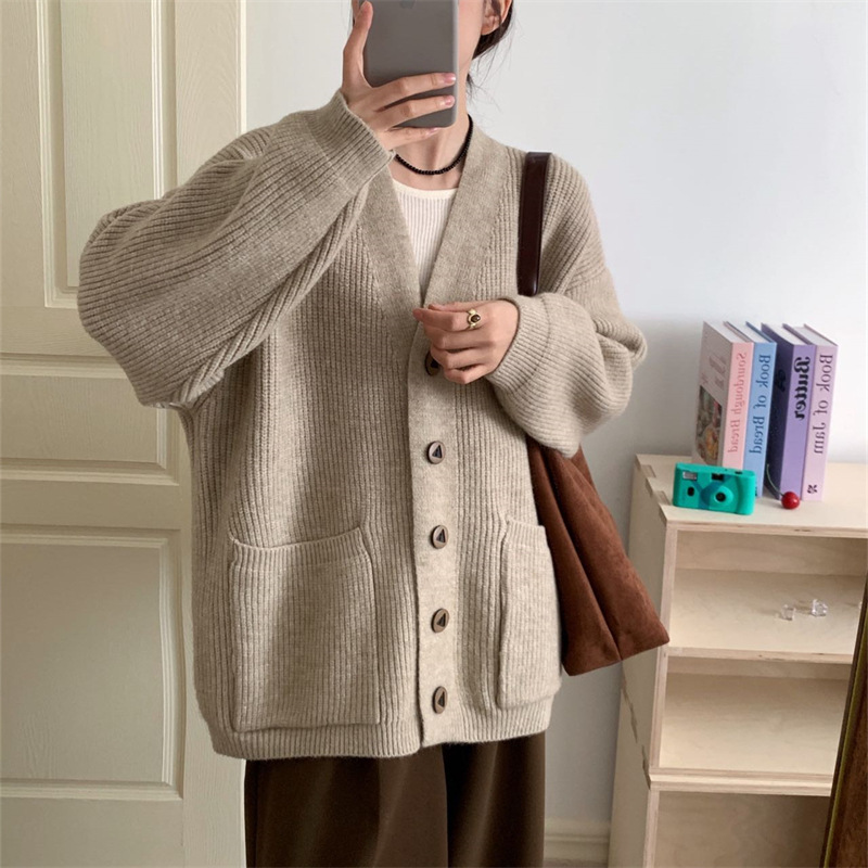 V Neck Pure Color Sweater Jacket for Women, Autumn and Winter Korean Style Lazy Style High-End Loose Knitted Cardigan Thick Top