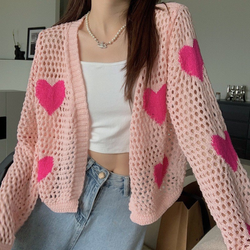Love Embroidered Cut Out Knitwear for Women in Summer, Thin, Sweet, Loose, Sun Protection Cardigan with Long-Sleeved Top