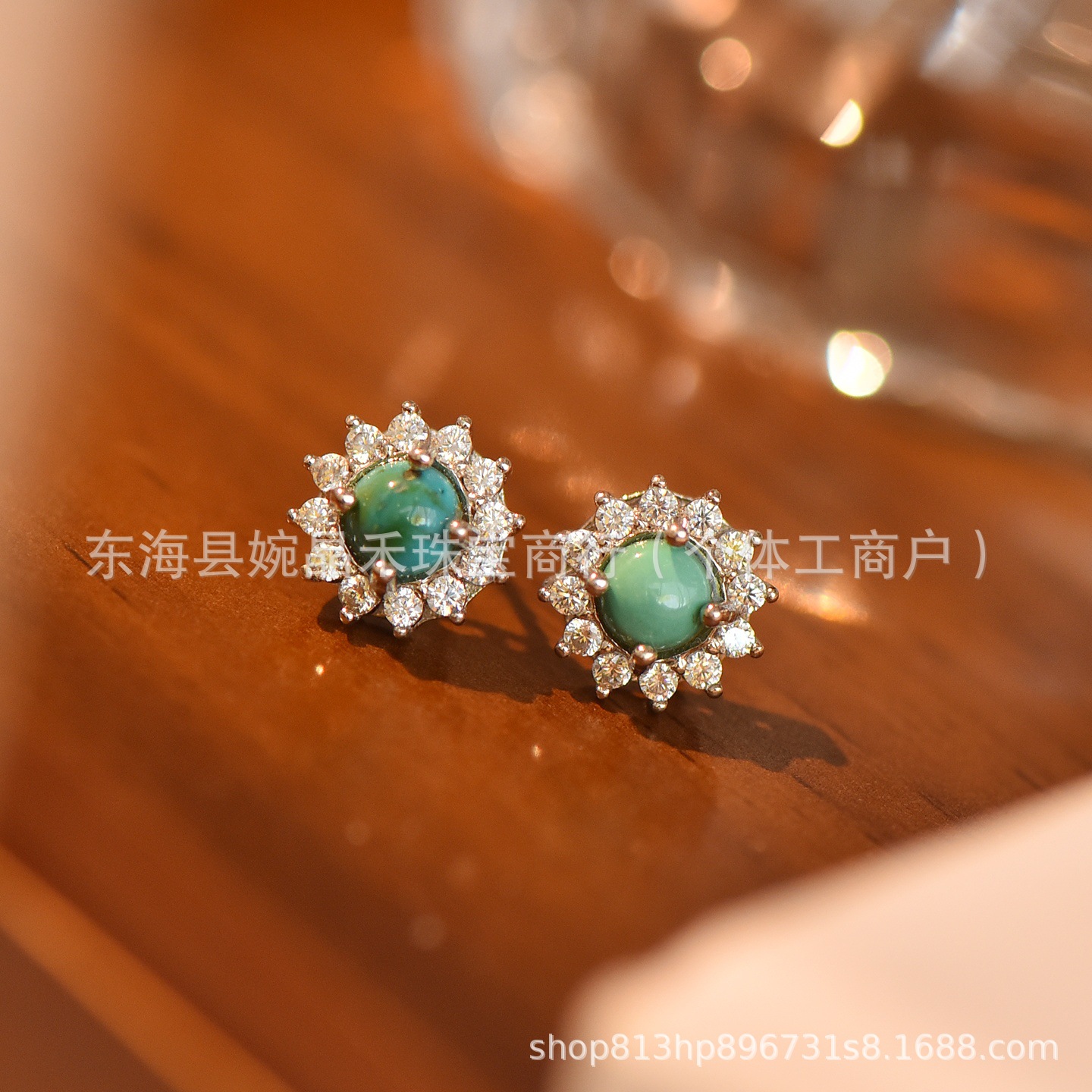 Natural turquoise earrings with S925 silver setting and zircon inlay, 5mm, women's niche high-end style, versatile and elegant