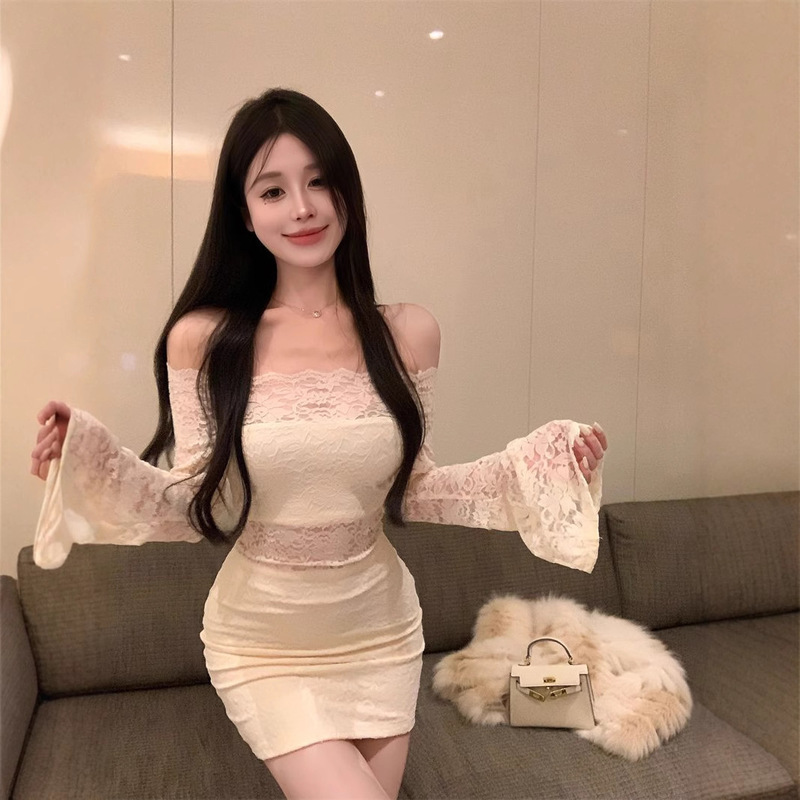 Shoulder Flare Sleeve Lace Hollow dress Women's Winter New Slim-fit Waist Elegant Skirt Hip Skirt