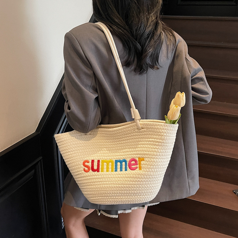 Bolso Tote de Paja Playero, Paja, Diseño Abierto, para Vacaciones y Uso Diario