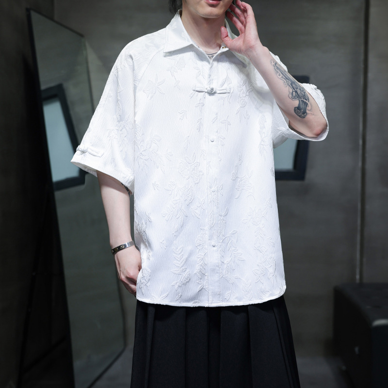 Summer Chinese Style Ice Silk Short-Sleeved Jacquard Shirt New Chinoiserie Large Size Han Dynasty Men's A118-C28065 Control 88