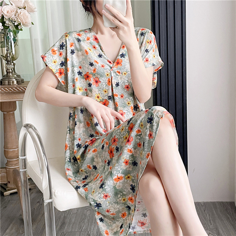 Camisón de seda de algodón para mujer verano nuevo Pijama estampado de dibujos animados de manga corta estilo coreano más tamaño ropa para el hogar suelta de seda de algodón delgada image 39
