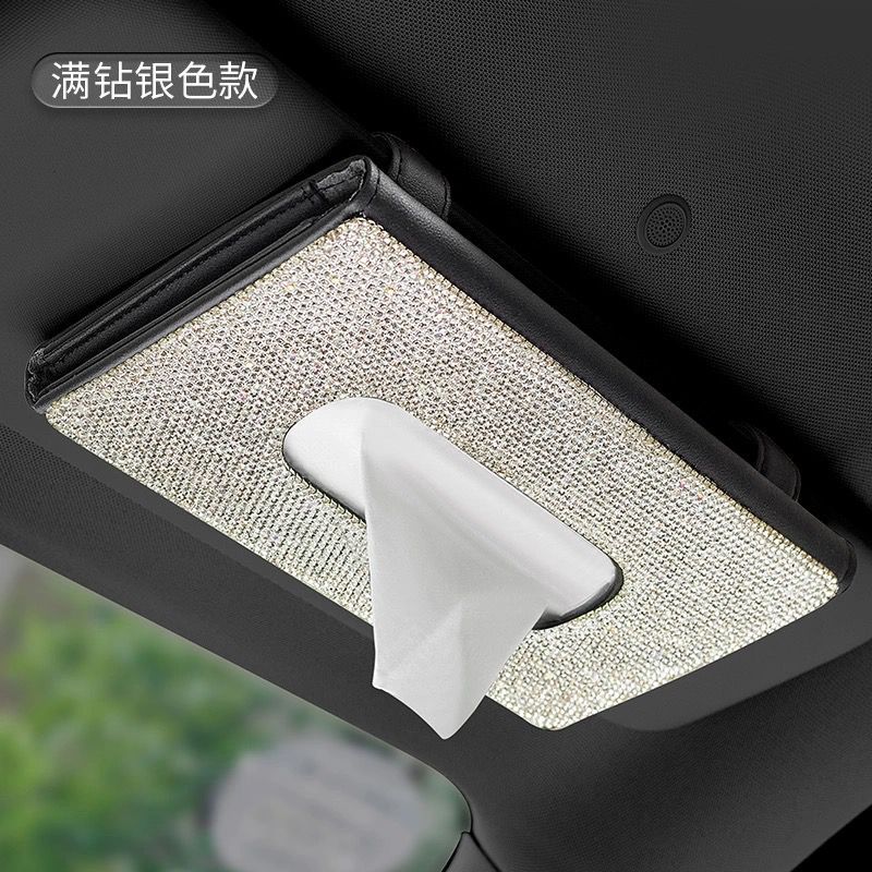 Caja de pañuelos de visera de coche asiento trasero de cuero clip de tejido incrustado de diamantes de imitación de mujer de moda creativa caja de pañuelos de coche