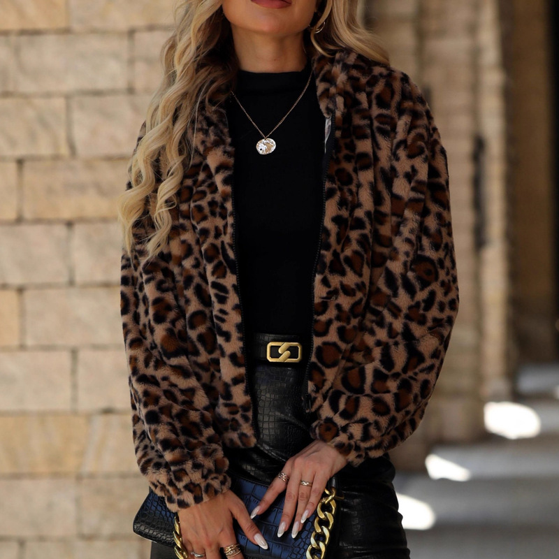 Flash Velvet 2025 Cross-Border Women's Clothing Amazon European and American Autumn and Winter New Loose Zipper Long Sleeve Leopard Print Stuffed Jacket
